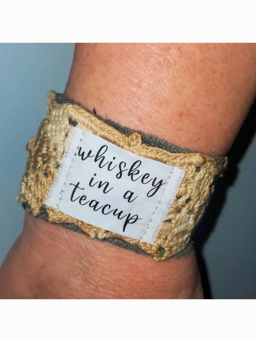 Whiskey In A Teacup Cuff Bracelet Shabby Chic Vintage Tea Dyed Crochet Fabric